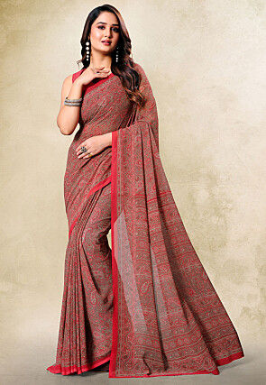 Digital Printed Georgette Saree in Fawn