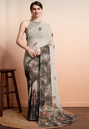 Digital Printed Georgette Saree in Fawn