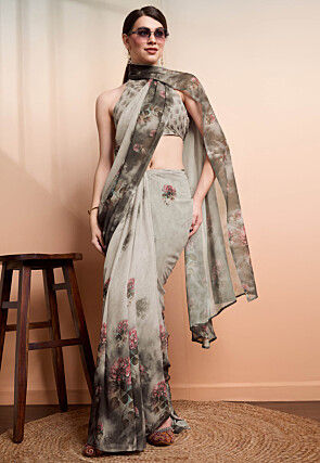 Digital Printed Georgette Saree in Fawn
