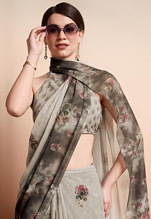 Digital Printed Georgette Saree in Fawn