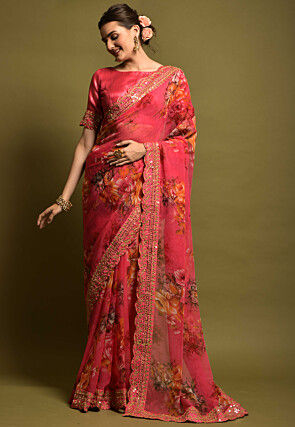 Digital Printed Georgette Saree in Fuchsia