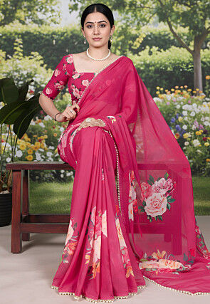 Digital Printed Georgette Saree in Fuchsia