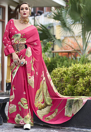 Digital Printed Georgette Saree in Fuchsia