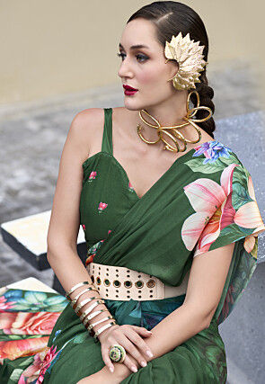 Digital Printed Georgette Saree in Green