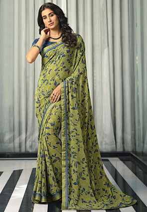 Digital Printed Georgette Saree in Green
