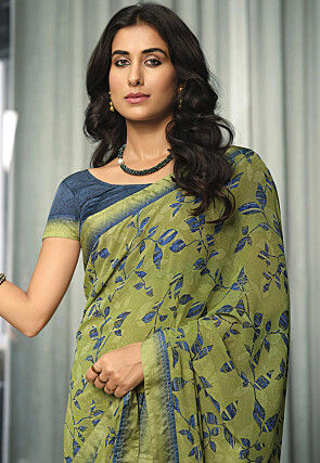 Digital Printed Georgette Saree in Green