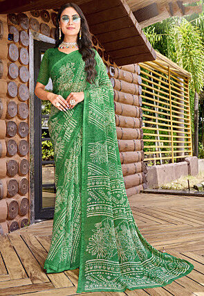 Digital Printed Georgette Saree in Green