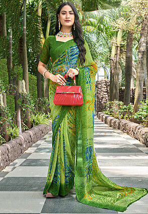 Digital Printed Georgette Saree in Green