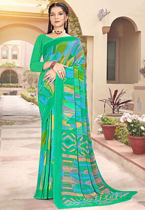 Digital Printed Georgette Saree in Green