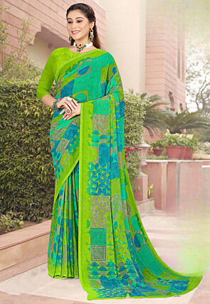 Digital Printed Georgette Saree in Green