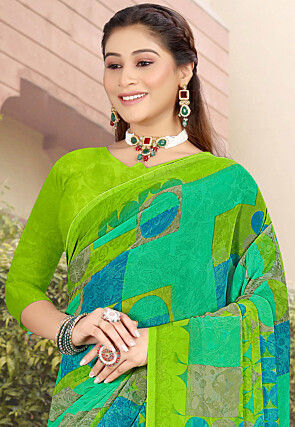 Digital Printed Georgette Saree in Green