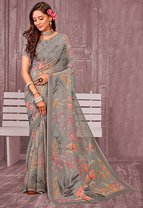 Digital Printed Georgette Saree in Grey