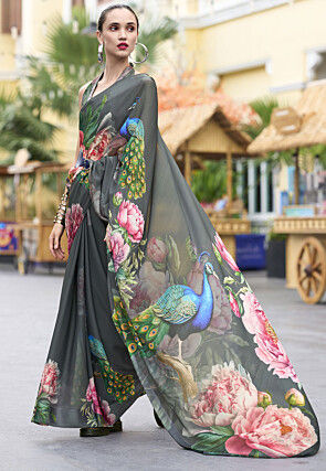 Digital Printed Georgette Saree in Grey