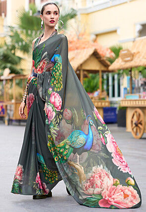 Digital Printed Georgette Saree in Grey