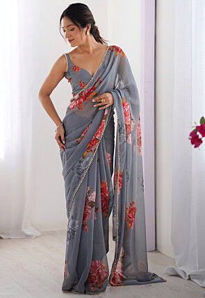 Digital Printed Georgette Saree in Grey