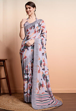 Digital Printed Georgette Saree in Grey