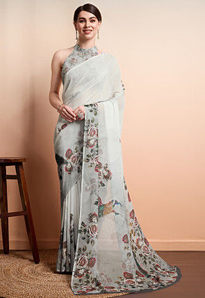 Digital Printed Georgette Saree in Grey