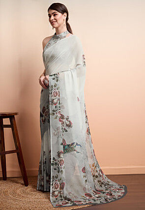 Digital Printed Georgette Saree in Grey