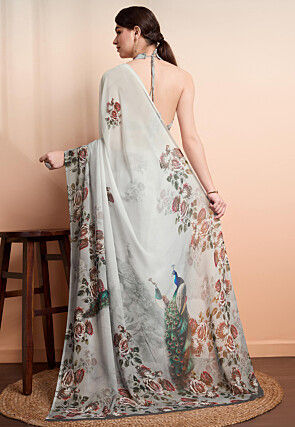 Digital Printed Georgette Saree in Grey