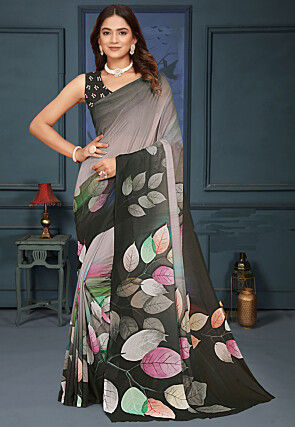 Digital Printed Georgette Saree in Grey