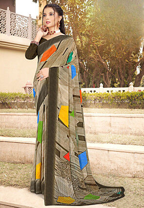 Digital Printed Georgette Saree in Grey