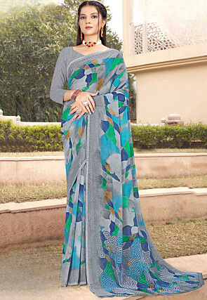 Digital Printed Georgette Saree in Grey
