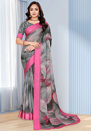 Digital Printed Georgette Saree in Grey