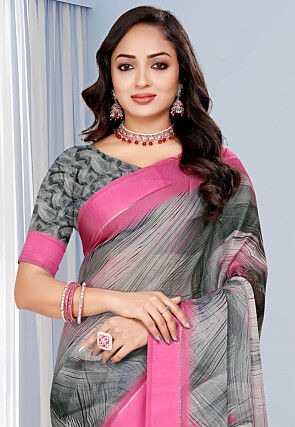 Digital Printed Georgette Saree in Grey