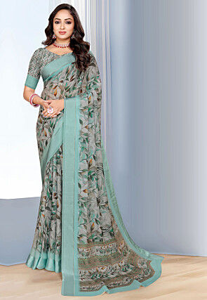 Digital Printed Georgette Saree in Grey