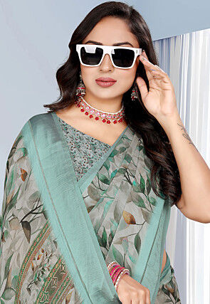 Digital Printed Georgette Saree in Grey