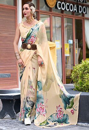 Digital Printed Georgette Saree in Light Beige