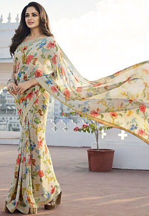 Digital Printed Georgette Saree in Light Beige