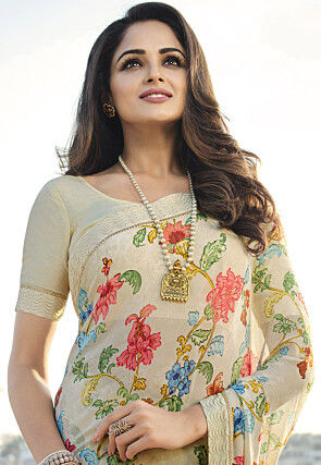 Digital Printed Georgette Saree in Light Beige