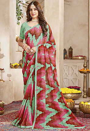 Digital Printed Georgette Saree in Light Green and Red