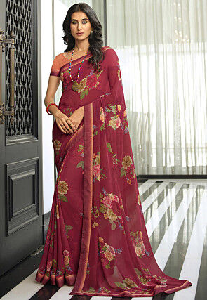 Digital Printed Georgette Saree in Maroon