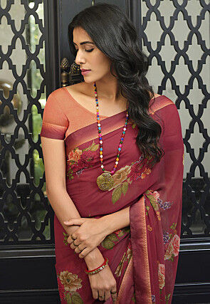 Digital Printed Georgette Saree in Maroon