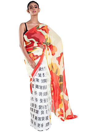Digital Printed Georgette Saree in Multicolor and Off White