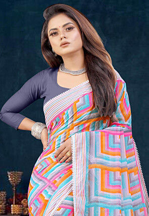 Digital Printed Georgette Saree in Multicolor
