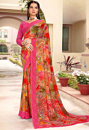 Digital Printed Georgette Saree in Multicolor