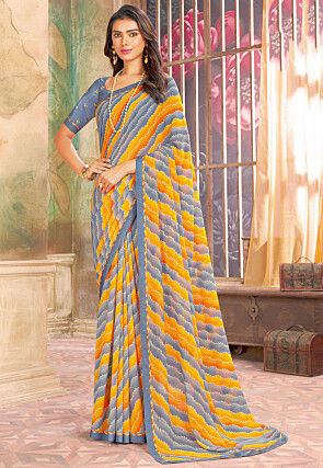 Digital Printed Georgette Saree in Mustard and Grey