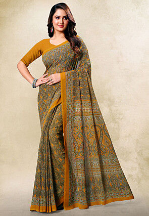 Digital Printed Georgette Saree in Mustard