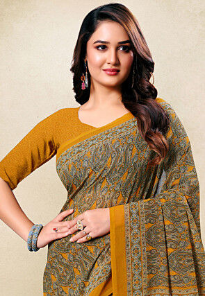 Digital Printed Georgette Saree in Mustard