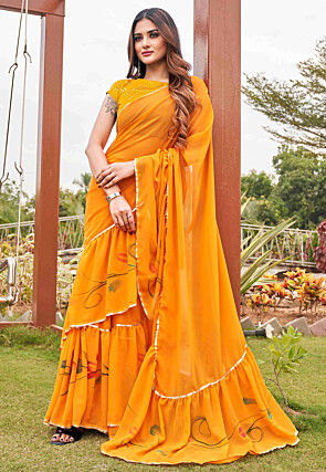 Half and half Net Yellow Mirror Work Saree With Blouse