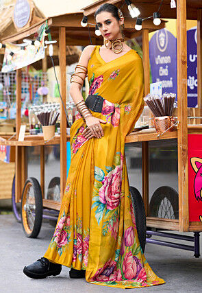 Digital Printed Georgette Saree in Mustard