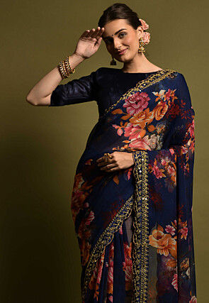 Digital Printed Chiffon Saree in Navy Blue
