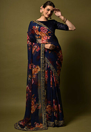 Digital Printed Chiffon Saree in Navy Blue