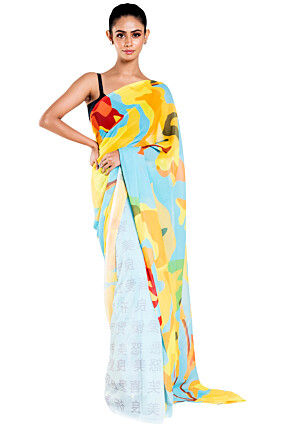 Digital Printed Georgette Saree in Off White and Multicolor
