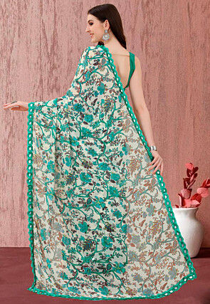 Digital Printed Georgette Saree in Off White and Sea Green