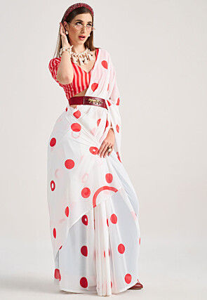 Digital Printed Georgette Saree in Off White