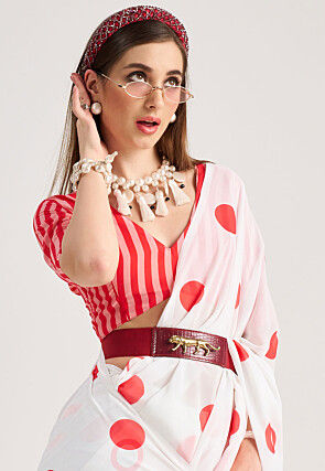 Digital Printed Georgette Saree in Off White